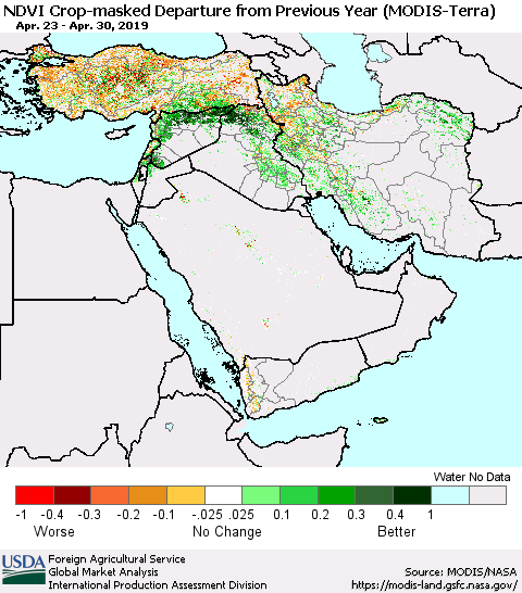 Middle East and Turkey Cropland NDVI Departure from Previous Year (Terra-MODIS) Thematic Map For 4/21/2019 - 4/30/2019
