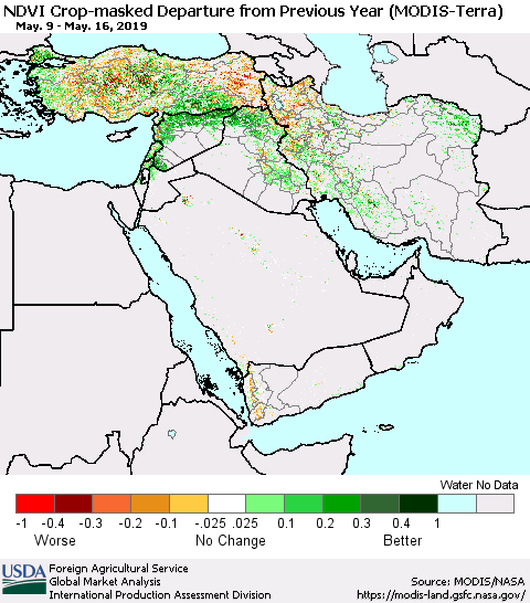 Middle East and Turkey Cropland NDVI Departure from Previous Year (Terra-MODIS) Thematic Map For 5/11/2019 - 5/20/2019