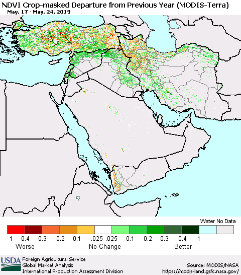 Middle East and Turkey Cropland NDVI Departure from Previous Year (Terra-MODIS) Thematic Map For 5/21/2019 - 5/31/2019
