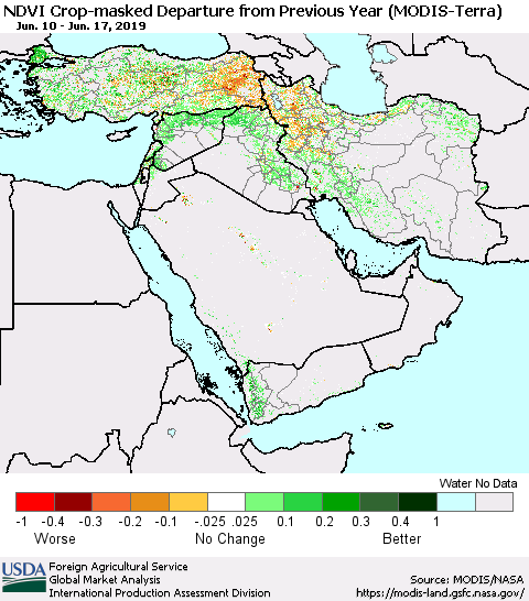 Middle East and Turkey Cropland NDVI Departure from Previous Year (Terra-MODIS) Thematic Map For 6/11/2019 - 6/20/2019