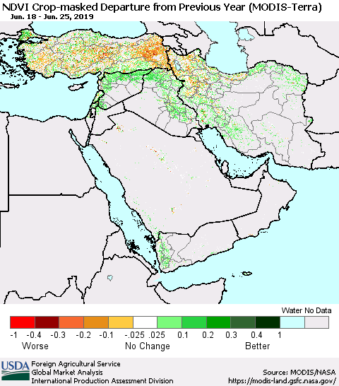 Middle East and Turkey Cropland NDVI Departure from Previous Year (Terra-MODIS) Thematic Map For 6/21/2019 - 6/30/2019