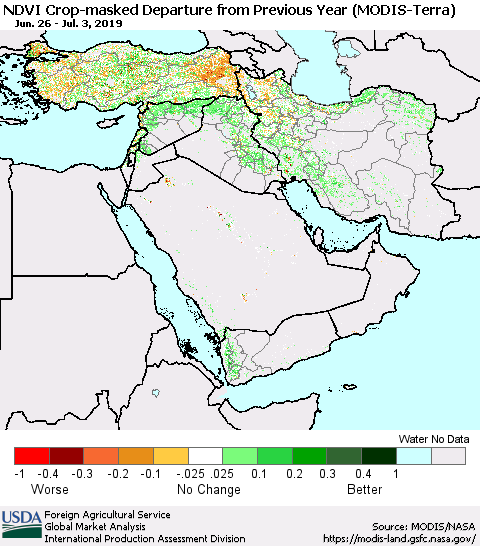 Middle East and Turkey Cropland NDVI Departure from Previous Year (Terra-MODIS) Thematic Map For 7/1/2019 - 7/10/2019