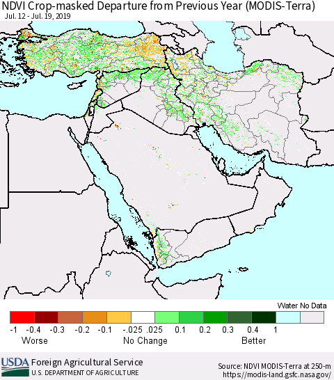 Middle East and Turkey Cropland NDVI Departure from Previous Year (Terra-MODIS) Thematic Map For 7/11/2019 - 7/20/2019