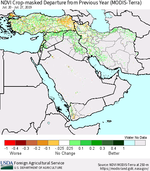 Middle East and Turkey Cropland NDVI Departure from Previous Year (Terra-MODIS) Thematic Map For 7/21/2019 - 7/31/2019