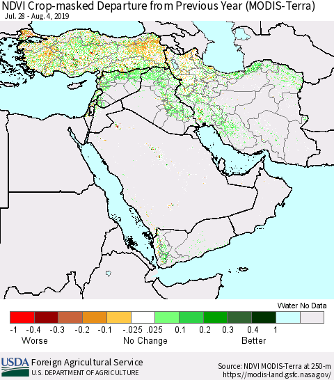 Middle East and Turkey Cropland NDVI Departure from Previous Year (Terra-MODIS) Thematic Map For 8/1/2019 - 8/10/2019