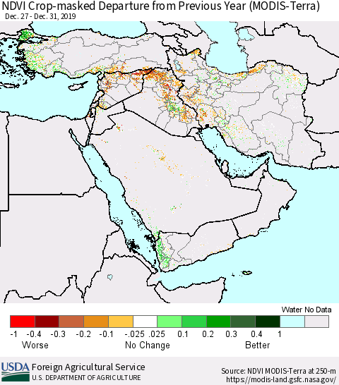 Middle East and Turkey Cropland NDVI Departure from Previous Year (Terra-MODIS) Thematic Map For 12/21/2019 - 12/31/2019