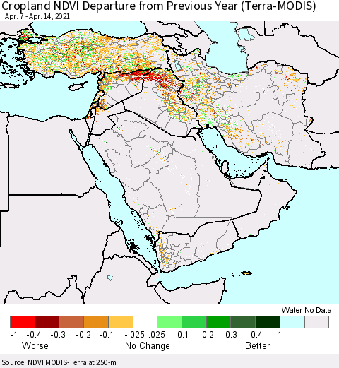 Middle East and Turkey Cropland NDVI Departure from Previous Year (Terra-MODIS) Thematic Map For 4/7/2021 - 4/14/2021