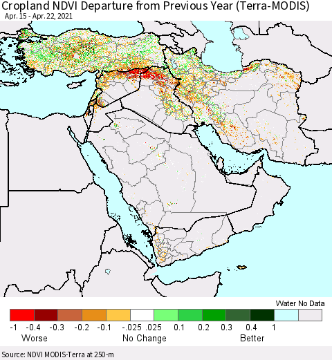 Middle East and Turkey Cropland NDVI Departure from Previous Year (Terra-MODIS) Thematic Map For 4/15/2021 - 4/22/2021
