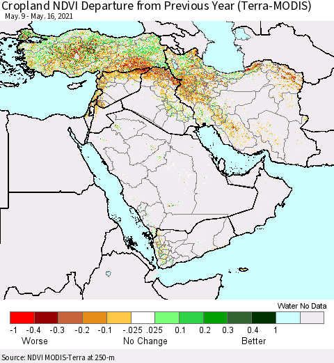 Middle East and Turkey Cropland NDVI Departure from Previous Year (Terra-MODIS) Thematic Map For 5/9/2021 - 5/16/2021