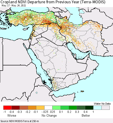 Middle East and Turkey Cropland NDVI Departure from Previous Year (Terra-MODIS) Thematic Map For 5/17/2021 - 5/24/2021