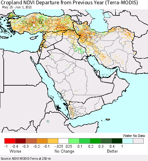 Middle East and Turkey Cropland NDVI Departure from Previous Year (Terra-MODIS) Thematic Map For 5/25/2021 - 6/1/2021