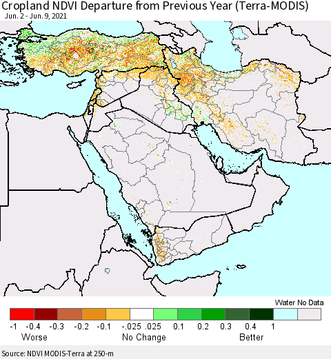 Middle East and Turkey Cropland NDVI Departure from Previous Year (Terra-MODIS) Thematic Map For 6/2/2021 - 6/9/2021