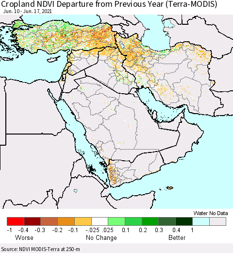 Middle East and Turkey Cropland NDVI Departure from Previous Year (Terra-MODIS) Thematic Map For 6/10/2021 - 6/17/2021