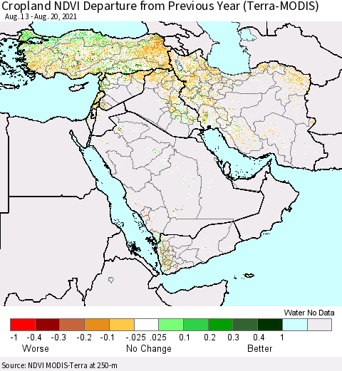 Middle East and Turkey Cropland NDVI Departure from Previous Year (Terra-MODIS) Thematic Map For 8/13/2021 - 8/20/2021