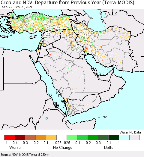 Middle East and Turkey Cropland NDVI Departure from Previous Year (Terra-MODIS) Thematic Map For 9/22/2021 - 9/29/2021