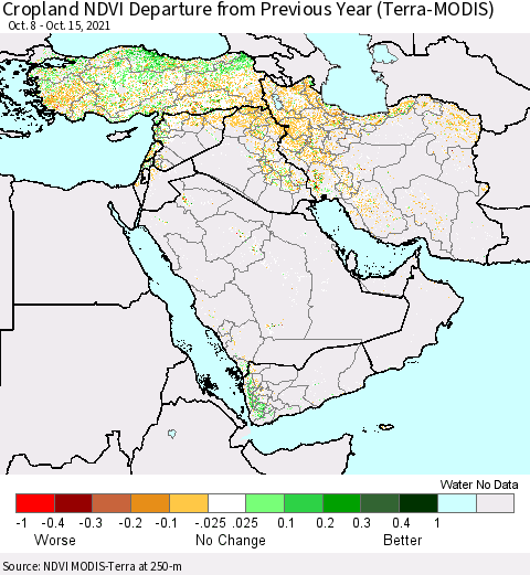 Middle East and Turkey Cropland NDVI Departure from Previous Year (Terra-MODIS) Thematic Map For 10/8/2021 - 10/15/2021