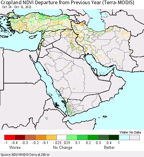 Middle East and Turkey Cropland NDVI Departure from Previous Year (Terra-MODIS) Thematic Map For 10/24/2021 - 10/31/2021