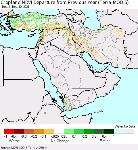 Middle East and Turkey Cropland NDVI Departure from Previous Year (Terra-MODIS) Thematic Map For 12/3/2021 - 12/10/2021