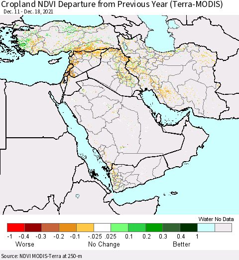 Middle East and Turkey Cropland NDVI Departure from Previous Year (Terra-MODIS) Thematic Map For 12/11/2021 - 12/18/2021