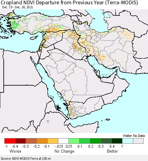 Middle East and Turkey Cropland NDVI Departure from Previous Year (Terra-MODIS) Thematic Map For 12/19/2021 - 12/26/2021