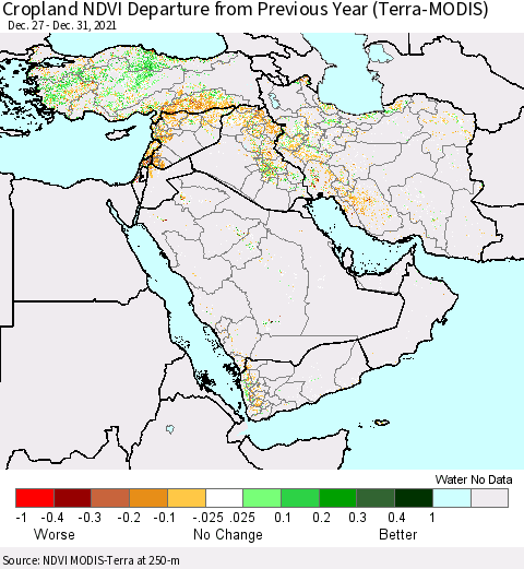 Middle East and Turkey Cropland NDVI Departure from Previous Year (Terra-MODIS) Thematic Map For 12/26/2021 - 1/2/2022
