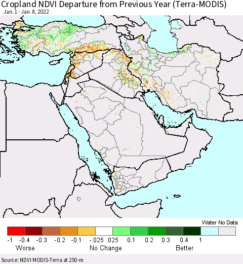 Middle East and Turkey Cropland NDVI Departure from Previous Year (Terra-MODIS) Thematic Map For 1/1/2022 - 1/8/2022