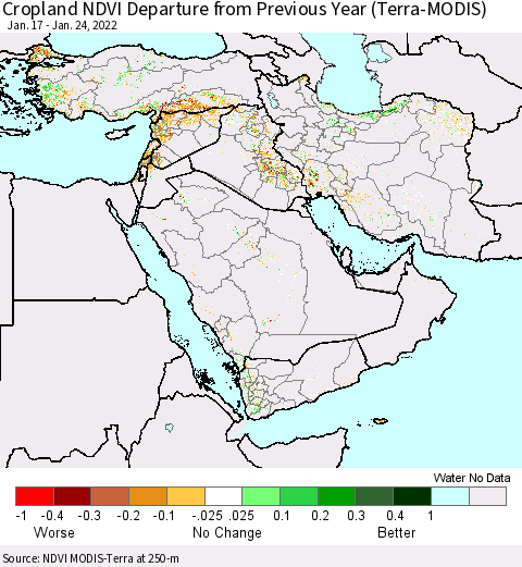 Middle East and Turkey Cropland NDVI Departure from Previous Year (Terra-MODIS) Thematic Map For 1/17/2022 - 1/24/2022
