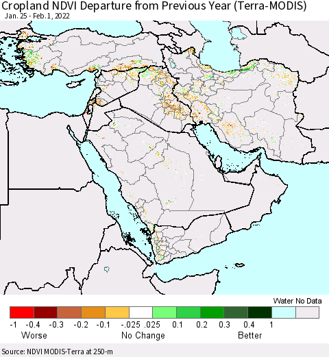 Middle East and Turkey Cropland NDVI Departure from Previous Year (Terra-MODIS) Thematic Map For 1/25/2022 - 2/1/2022