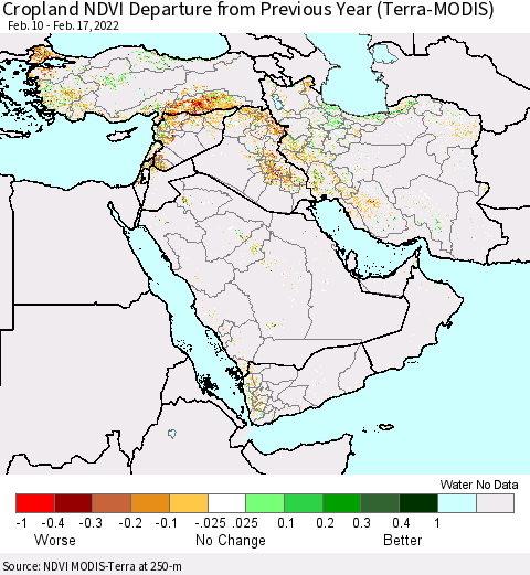 Middle East and Turkey Cropland NDVI Departure from Previous Year (Terra-MODIS) Thematic Map For 2/10/2022 - 2/17/2022