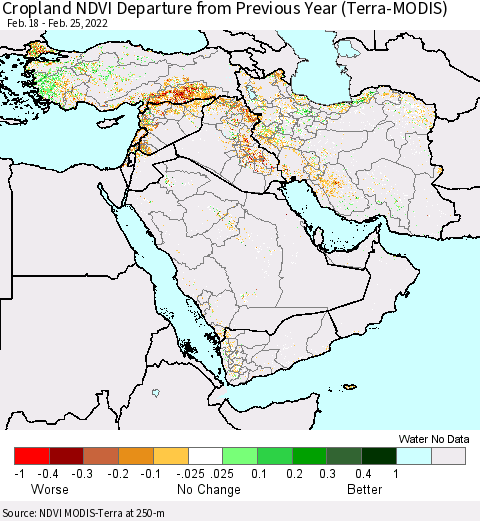 Middle East and Turkey Cropland NDVI Departure from Previous Year (Terra-MODIS) Thematic Map For 2/18/2022 - 2/25/2022