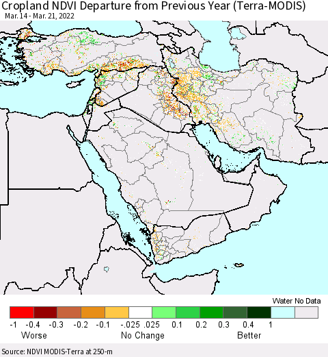 Middle East and Turkey Cropland NDVI Departure from Previous Year (Terra-MODIS) Thematic Map For 3/14/2022 - 3/21/2022