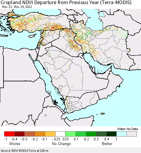 Middle East and Turkey Cropland NDVI Departure from Previous Year (Terra-MODIS) Thematic Map For 3/22/2022 - 3/29/2022