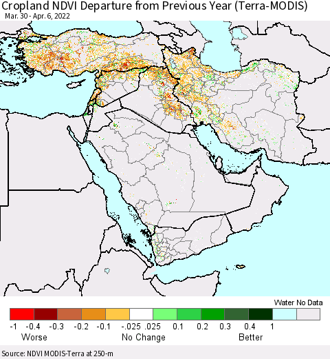 Middle East and Turkey Cropland NDVI Departure from Previous Year (Terra-MODIS) Thematic Map For 3/30/2022 - 4/6/2022