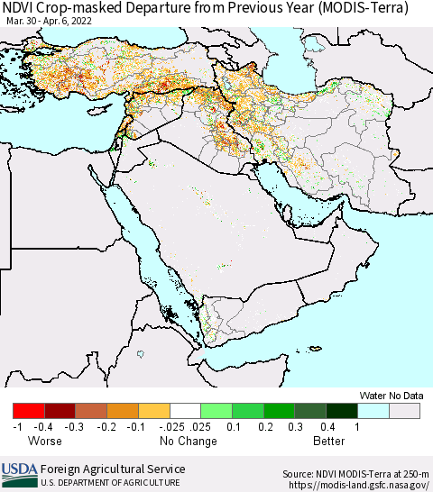 Middle East and Turkey Cropland NDVI Departure from Previous Year (Terra-MODIS) Thematic Map For 4/1/2022 - 4/10/2022