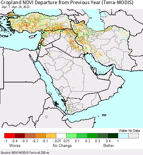 Middle East and Turkey Cropland NDVI Departure from Previous Year (Terra-MODIS) Thematic Map For 4/7/2022 - 4/14/2022
