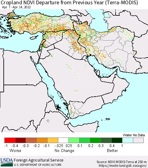 Middle East and Turkey Cropland NDVI Departure from Previous Year (Terra-MODIS) Thematic Map For 4/11/2022 - 4/20/2022