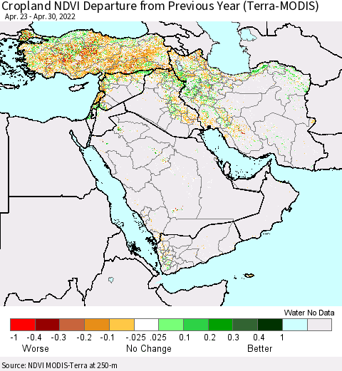 Middle East and Turkey Cropland NDVI Departure from Previous Year (Terra-MODIS) Thematic Map For 4/21/2022 - 4/30/2022