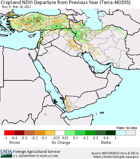 Middle East and Turkey Cropland NDVI Departure from Previous Year (Terra-MODIS) Thematic Map For 5/11/2022 - 5/20/2022