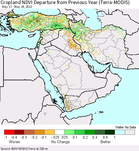Middle East and Turkey Cropland NDVI Departure from Previous Year (Terra-MODIS) Thematic Map For 5/17/2022 - 5/24/2022