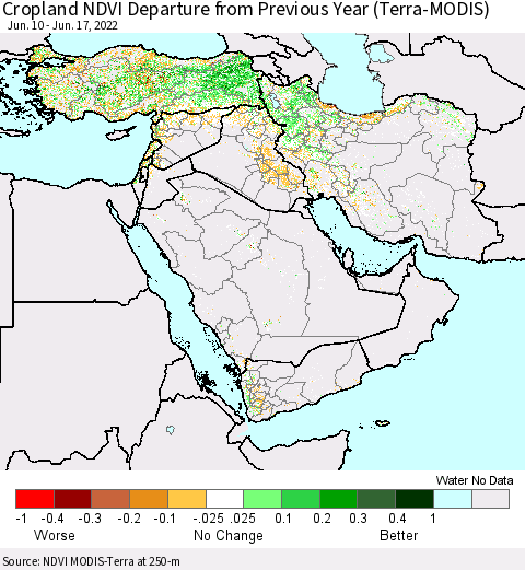 Middle East and Turkey Cropland NDVI Departure from Previous Year (Terra-MODIS) Thematic Map For 6/10/2022 - 6/17/2022