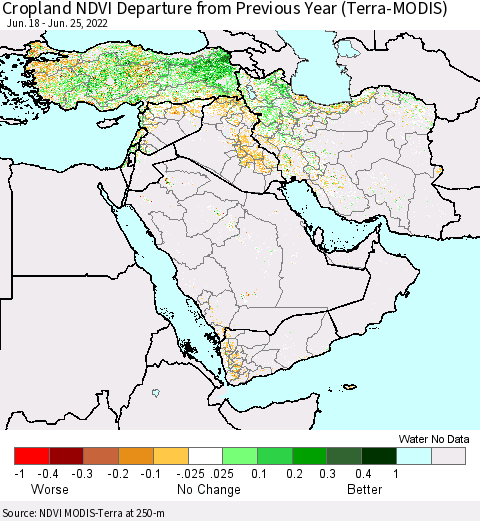 Middle East and Turkey Cropland NDVI Departure from Previous Year (Terra-MODIS) Thematic Map For 6/18/2022 - 6/25/2022