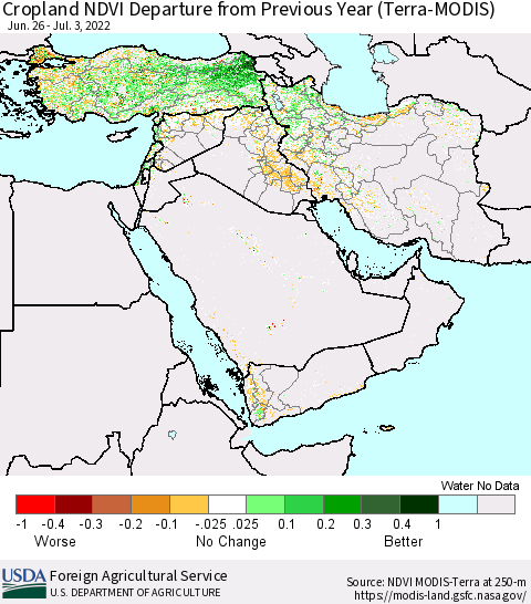 Middle East and Turkey Cropland NDVI Departure from Previous Year (Terra-MODIS) Thematic Map For 7/1/2022 - 7/10/2022
