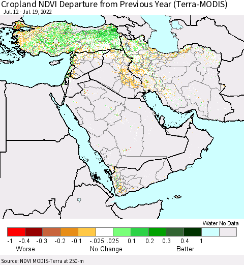 Middle East and Turkey Cropland NDVI Departure from Previous Year (Terra-MODIS) Thematic Map For 7/12/2022 - 7/19/2022