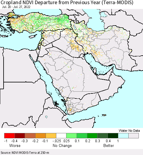Middle East and Turkey Cropland NDVI Departure from Previous Year (Terra-MODIS) Thematic Map For 7/20/2022 - 7/27/2022