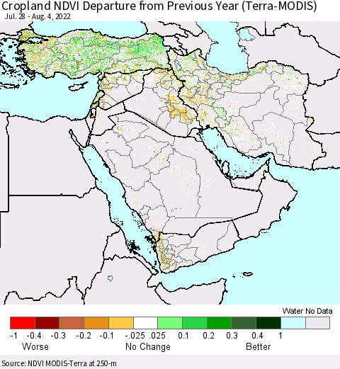 Middle East and Turkey Cropland NDVI Departure from Previous Year (Terra-MODIS) Thematic Map For 7/28/2022 - 8/4/2022