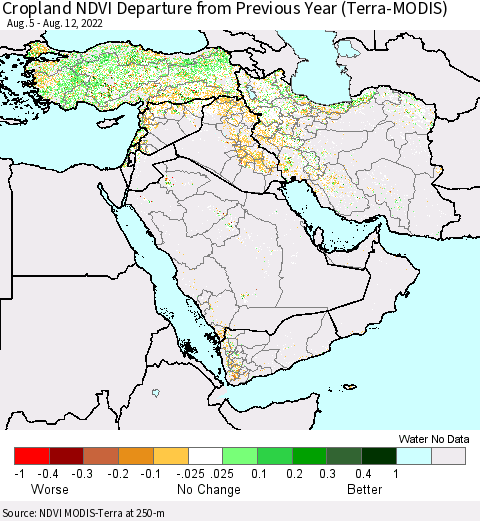 Middle East and Turkey Cropland NDVI Departure from Previous Year (Terra-MODIS) Thematic Map For 8/5/2022 - 8/12/2022