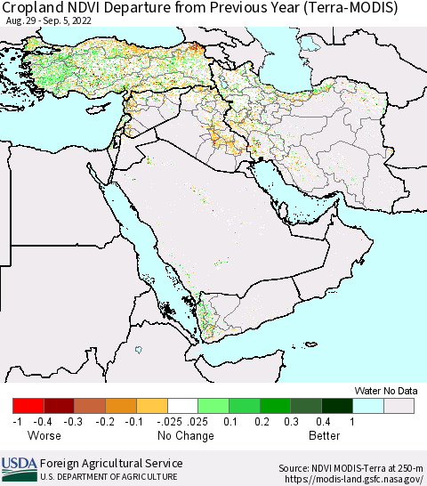 Middle East and Turkey Cropland NDVI Departure from Previous Year (Terra-MODIS) Thematic Map For 9/1/2022 - 9/10/2022