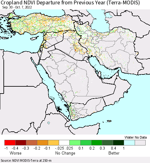 Middle East and Turkey Cropland NDVI Departure from Previous Year (Terra-MODIS) Thematic Map For 9/30/2022 - 10/7/2022