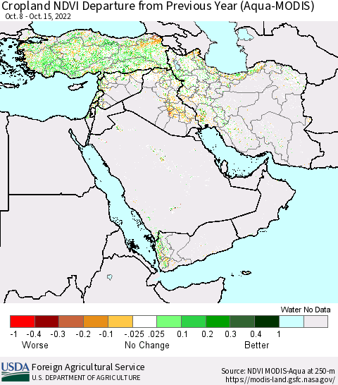 Middle East and Turkey Cropland NDVI Departure from Previous Year (Terra-MODIS) Thematic Map For 10/11/2022 - 10/20/2022