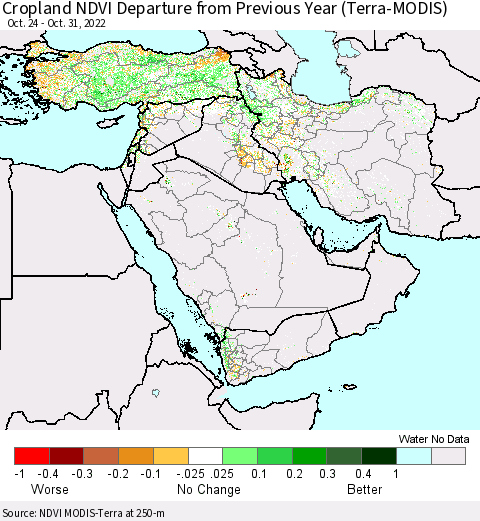 Middle East and Turkey Cropland NDVI Departure from Previous Year (Terra-MODIS) Thematic Map For 10/24/2022 - 10/31/2022
